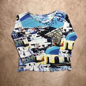 Vintage Y2K Mediterranean Island City Ocean Graphic Print Shirt 3/4 Sleeve Euro